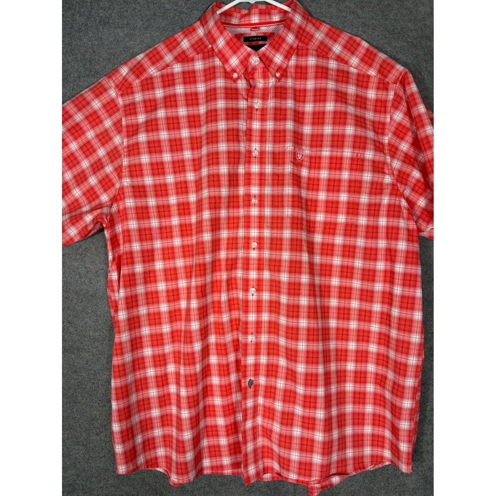 Ariat Pro Series Mens XXL Red White Plaid Short Sleeve Stretch Button Down Shirt